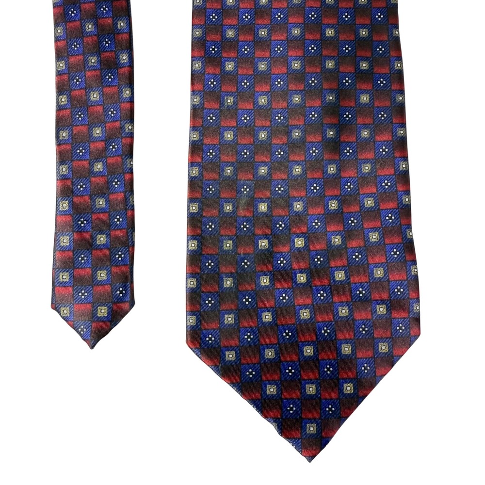 Bergamo New York Men Necktie Handmade Tie Square Check Pattern Red Blue Modern